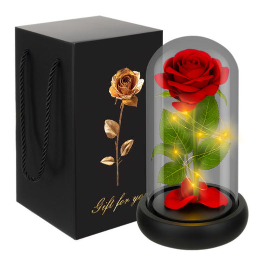 Ruhhy Ewige Rose im Glas mit warmweißer LED-Beleuchtung unter Glaskuppel in schwarzer Geschenkbox