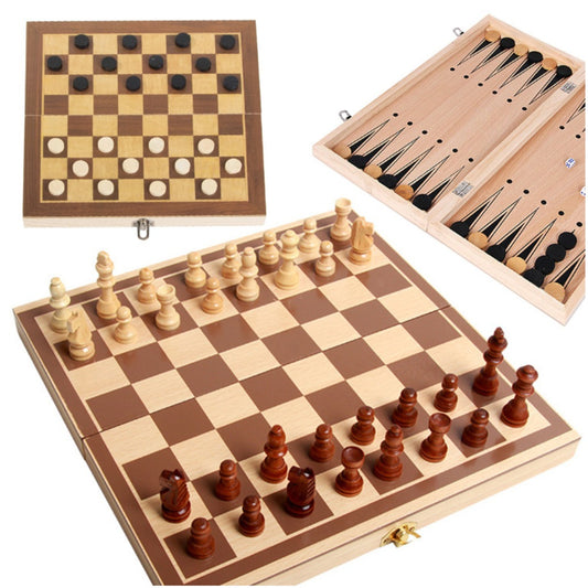 3-in-1 Brettspiel Set aus Holz 29,5 cm – Schach, Dame und Backgammon für Kinder und Erwachsene