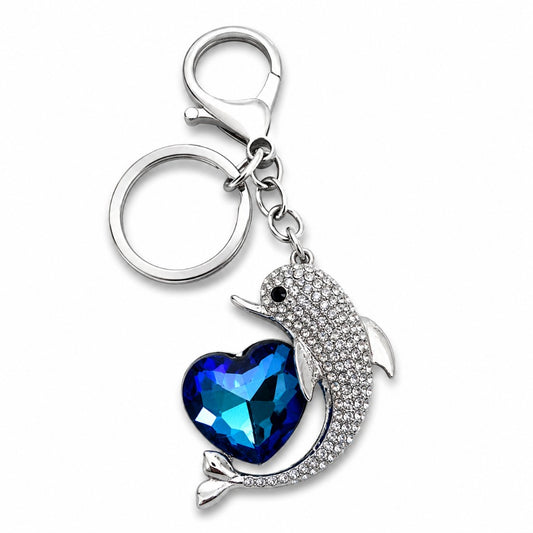 Strass Delfin Schlüsselanhänger mit Kristallherz – funkelndes Accessoire für Damen mit Strasssteinen und Karabinerhak