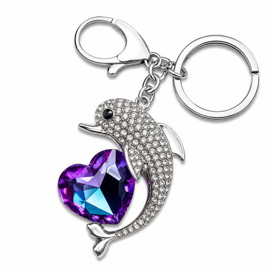 Strass Delfin Schlüsselanhänger mit Kristallherz – funkelndes Accessoire für Damen mit Strasssteinen und Karabinerhak – Bild 4