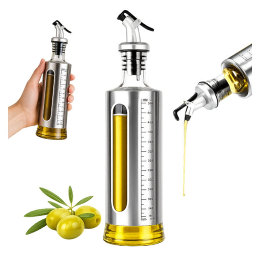 Verk Group Olivenöl Dosierflasche 500 ml aus Glas mit Edelstahl-Ausgießer, Maßskala und Sichtfenster
