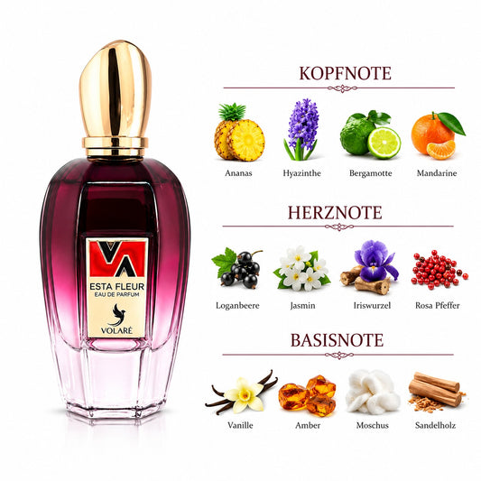 Volaré Esta Fleur Eau de Parfum 100 ml Damenparfum mit Ananas, Bergamotte, Mandarine, Jasmin, Loganbeere, Vanille, Amber und Moschus inklusive Parfümzerstäuber