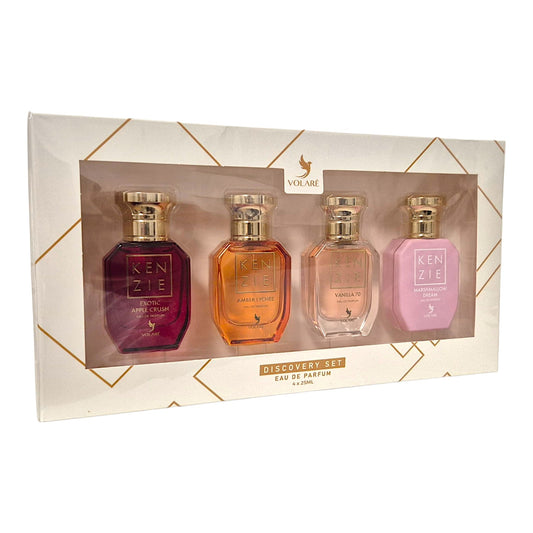 Volaré Kenzie Discovery Set Eau de Parfum 4 x 25 ml mit Exotic Apple Crush, Amber Lychee, Vanilla 70 und Marshmallow Dream im eleganten Duftset für Damen
