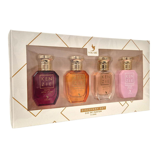 Volaré Kenzie Discovery Set Eau de Parfum 4 x 25 ml mit Exotic Apple Crush, Amber Lychee, Vanilla 70 und Marshmallow Dream im eleganten Duftset für Damen