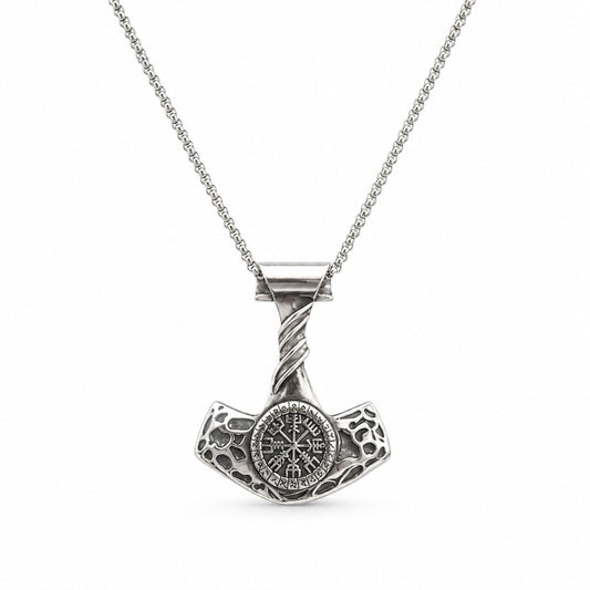 Wikinger Halskette mit Thors Hammer Mjölnir Vegvisir Anhänger 6x4,5 cm Runenmotiv nordischer Schmuck Unisex – Bild 3