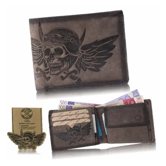 Wild Things Only Herren Leder Geldbörse Natur mit Totenkopf & Flügel