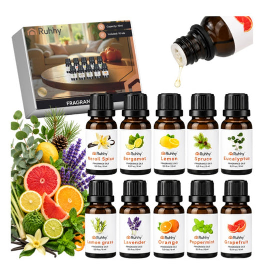 Ruhhy 10 Duftöl Set 10x15 ml ätherische Öle für Diffusor und Luftbefeuchter in eleganter Samtbox