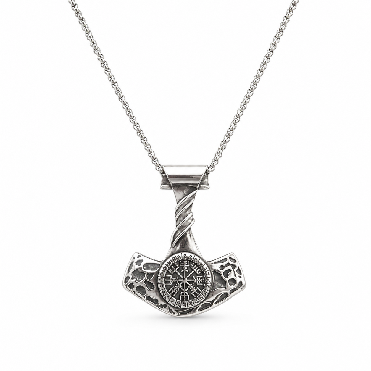 Wikinger Halskette mit Thors Hammer Mjölnir Vegvisir Anhänger 6x4,5 cm Runenmotiv nordischer Schmuck Unisex