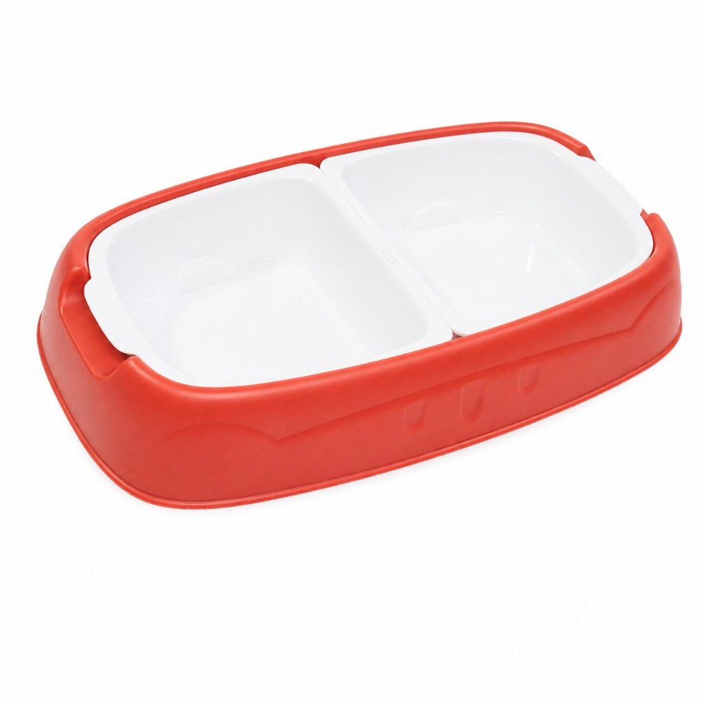 Doppelnapf rot 34,5 cm mit abnehmbaren Kunststoffschalen fuer Hunde und Katzen Futter- und Wassernapf