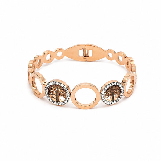 Damen Armreif Lebensbaum mit Strass – Goldfarbe – Eleganter Edelstahl Armreif