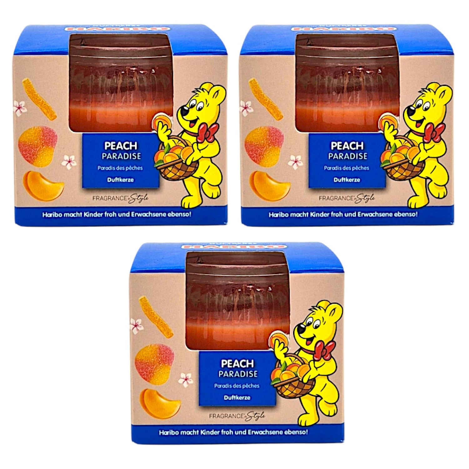 Haribo Duftkerze Peach Paradise Fruchtig 3x85g  Set süße Duftmomente