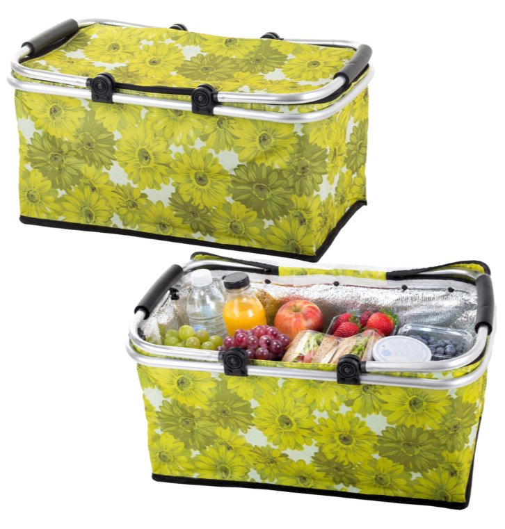faltbarer Thermokorb 48x28x22 cm – isolierter Picknickkorb mit Blumenmuster und Aluminiumrahmen