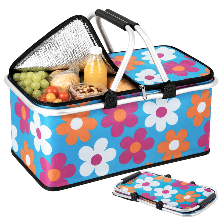 faltbarer Thermokorb 48x28x22 cm – isolierter Picknickkorb mit Blumenmuster und Aluminiumrahmen