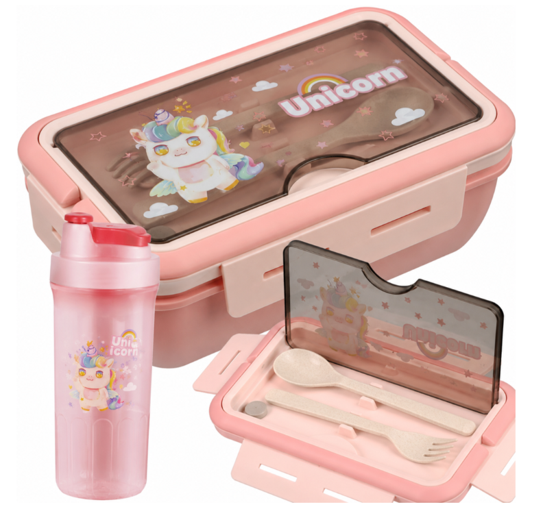 Kinder Lunchbox Set mit Trinkflasche 500 ml und Besteck – auslaufsichere Brotdose 1100 ml rosa für Schule und Kindergarten