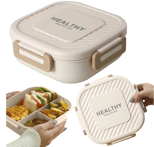 Lunchbox mit 3 Trennfächern und Besteck – auslaufsichere Brotdose in Beige für Schule und Büro