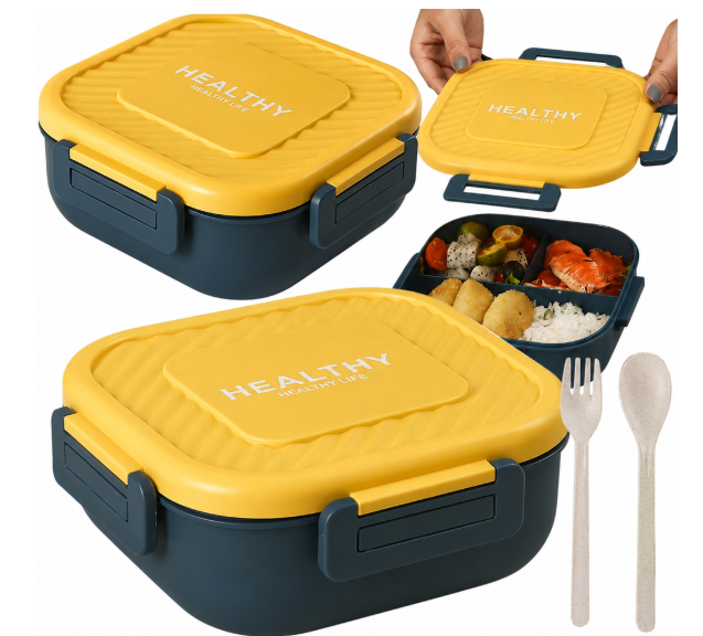 Lunchbox mit 3 Trennfächern und Besteck – auslaufsichere Brotdose in Beige für Schule und Büro