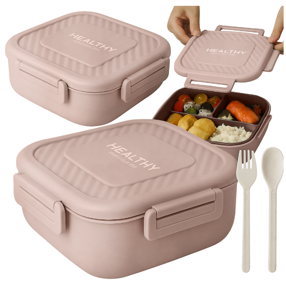 Lunchbox mit 3 Trennfächern und Besteck – auslaufsichere Brotdose in Beige für Schule und Büro