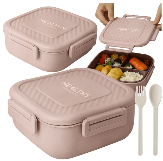 Lunchbox mit 3 Trennfächern und Besteck – auslaufsichere Brotdose in Beige für Schule und Büro