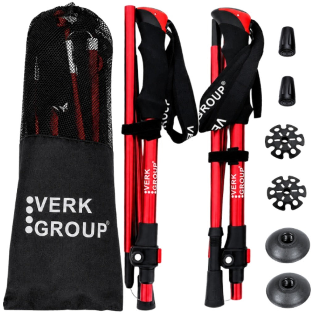 faltbare Trekkingstöcke höhenverstellbar 137 cm – Wanderstöcke Aluminium Korkgriff rot mit Zubehör und Tasche