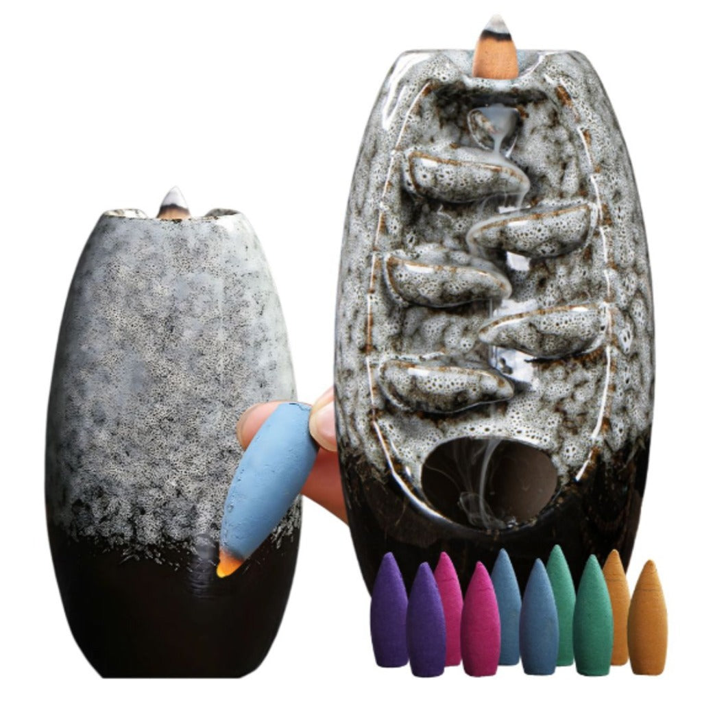 Keramik-Duftkamin Wasserfall 20cm schwarz – Rückfluss-Räucherbrenner für Meditation und Aromatherapie