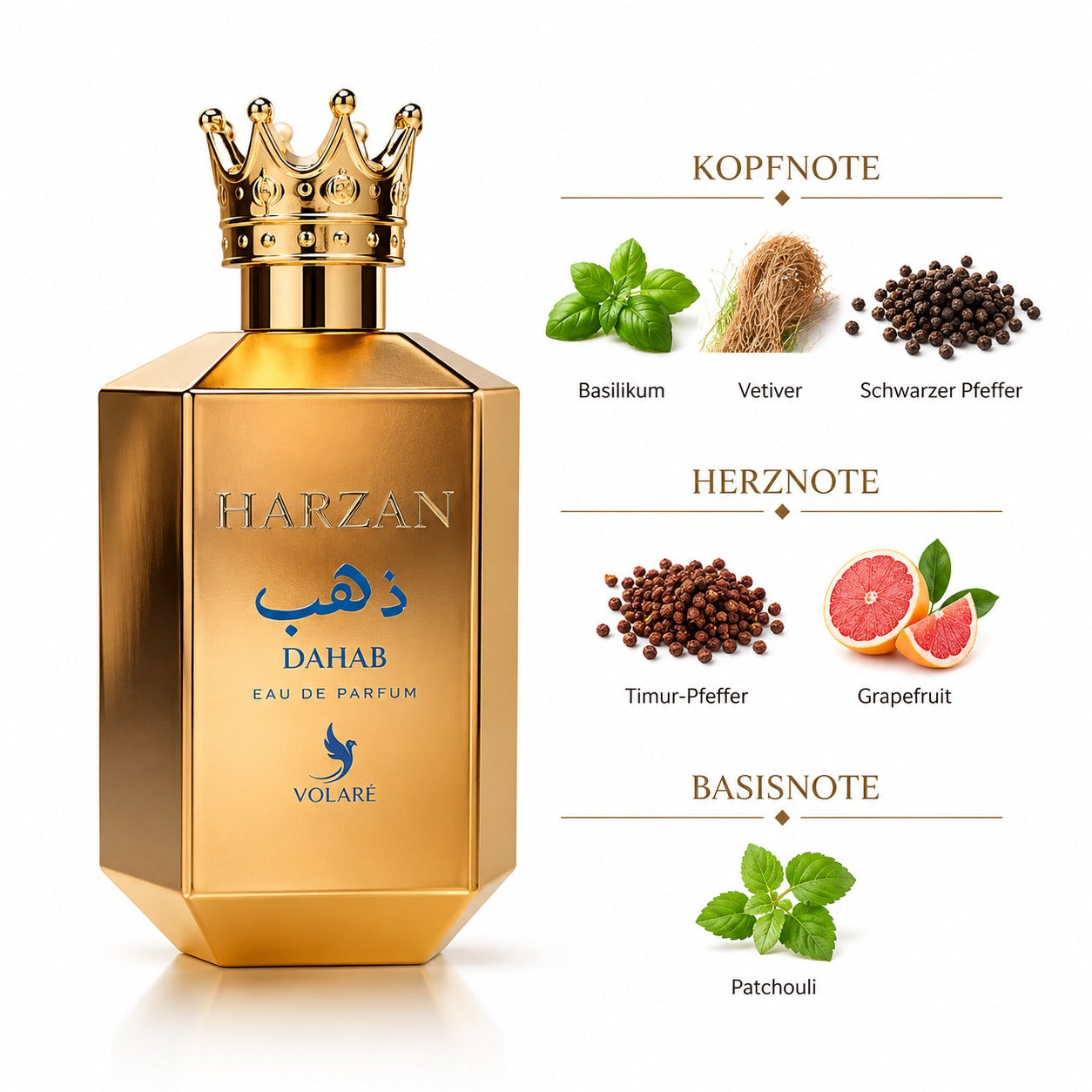 Volaré Harzan Dahab Eau de Parfum 100 ml mit Basilikum, Vetiver, Grapefruit und Patchouli. Würzig-frischer Unisex Duft mit moderner Eleganz.