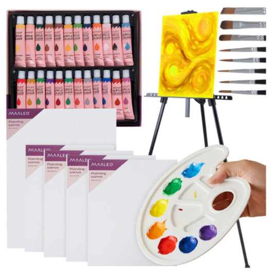 Maaleo XXL Acrylfarben Malset 41-teilig mit Aluminiumstaffelei bis 170 cm, 24 Farben, 10 Pinseln und 5 Leinwänden für Anfänge