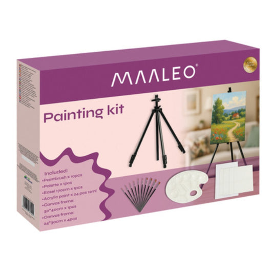 Maaleo XXL Acrylfarben Malset 41-teilig mit Aluminiumstaffelei bis 170 cm, 24 Farben, 10 Pinseln und 5 Leinwänden für Anfänge – Bild 2