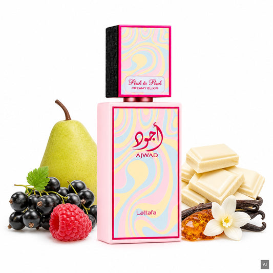 Lattafa Ajwad Pink to Pink Creamy Elixir Eau de Parfum 60 ml – cremiger Damenduft mit Himbeere, weißer Schokolade und Vanille