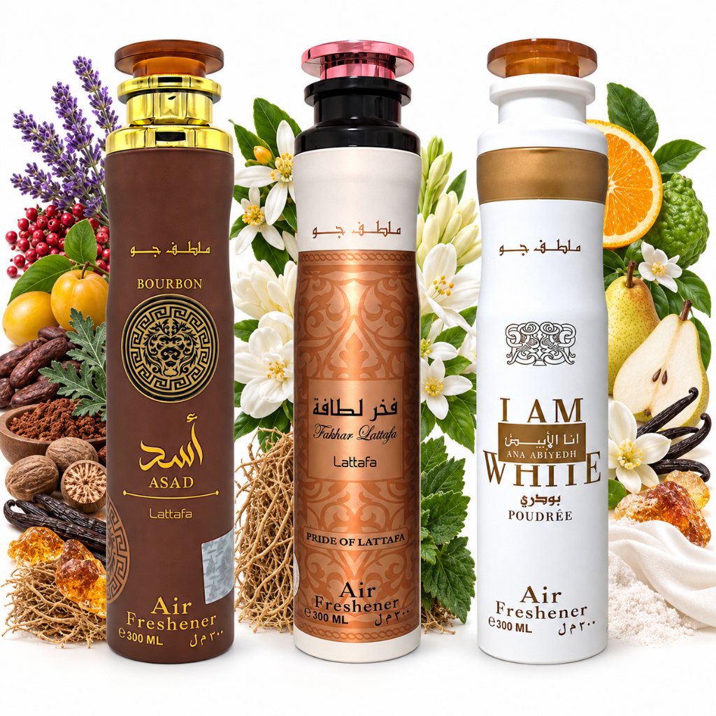 Lattafa Ana Abiyedh Poudree Fakhar Femme Asad Bourbon Raumspray 3x300ml – orientalisches Raumduft-Set – Bild 2