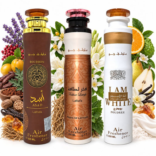 Lattafa Ana Abiyedh Poudree Fakhar Femme Asad Bourbon Raumspray 3x300ml – orientalisches Raumduft-Set – Bild 2