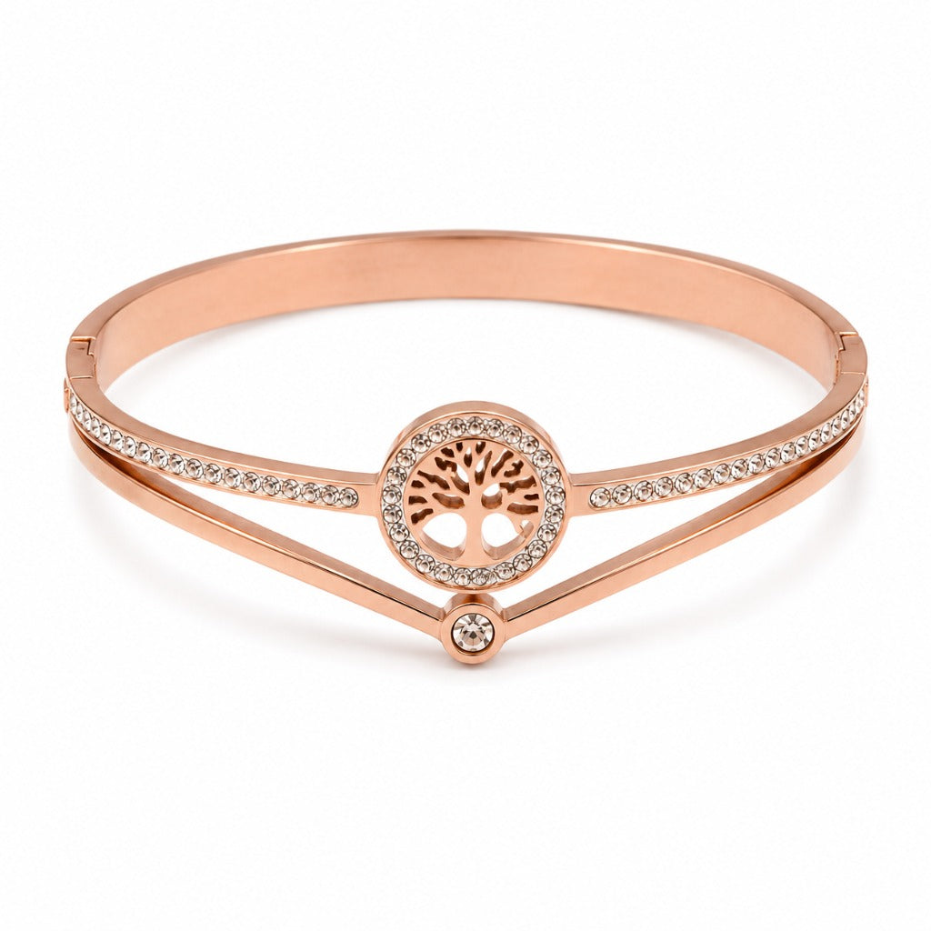 Damen Armreif Lebensbaum Roségold mit funkelnden Strasssteinen – eleganter Modeschmuck als Geschenk