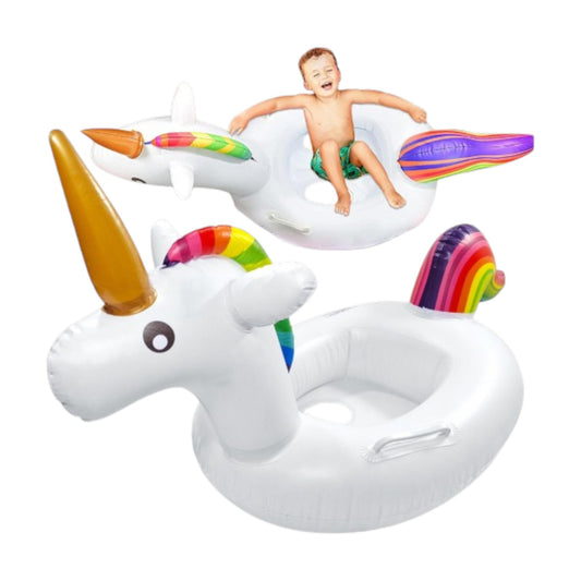 Aufblasbarer Einhorn Schwimmring für Babys 60 cm – Babyschwimmring mit Sitz und Haltegriffen