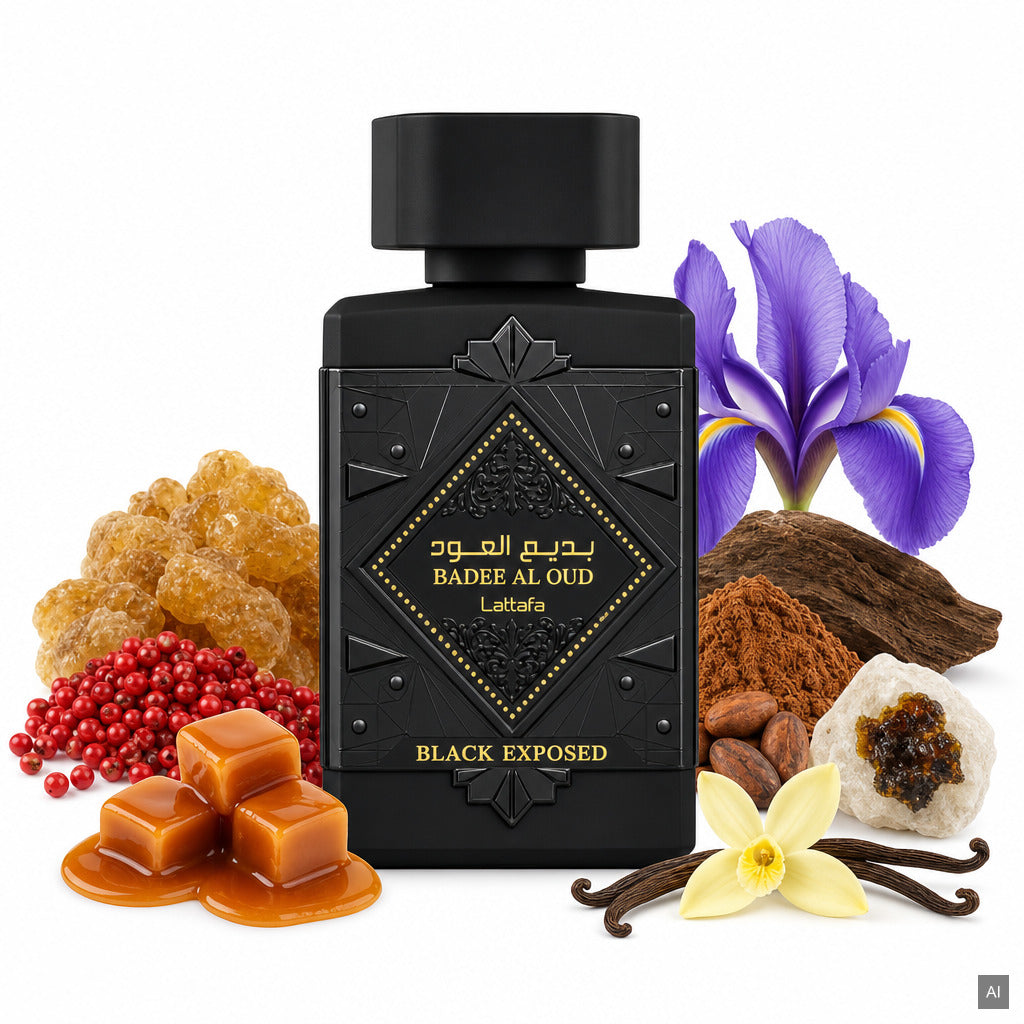 Lattafa Badee Al Oud Black Exposed Eau de Parfum 100 ml – orientalisch-gourmandiger Unisex-Duft mit Toffee, Kakao und Vanille