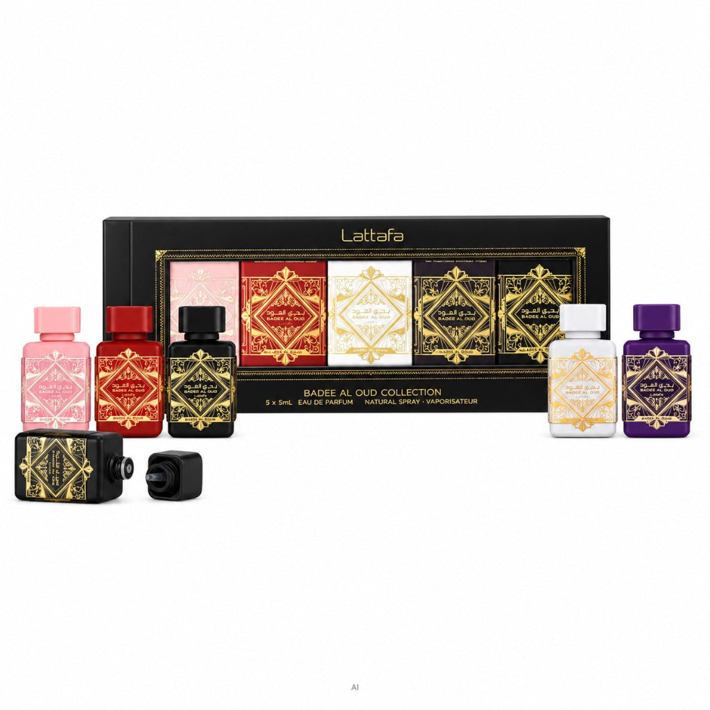 Lattafa Badee Al Oud Collection Discovery-Set 5x5ml Eau de Parfum – orientalisch-holziges Unisex-Geschenkset mit 5 Miniaturen