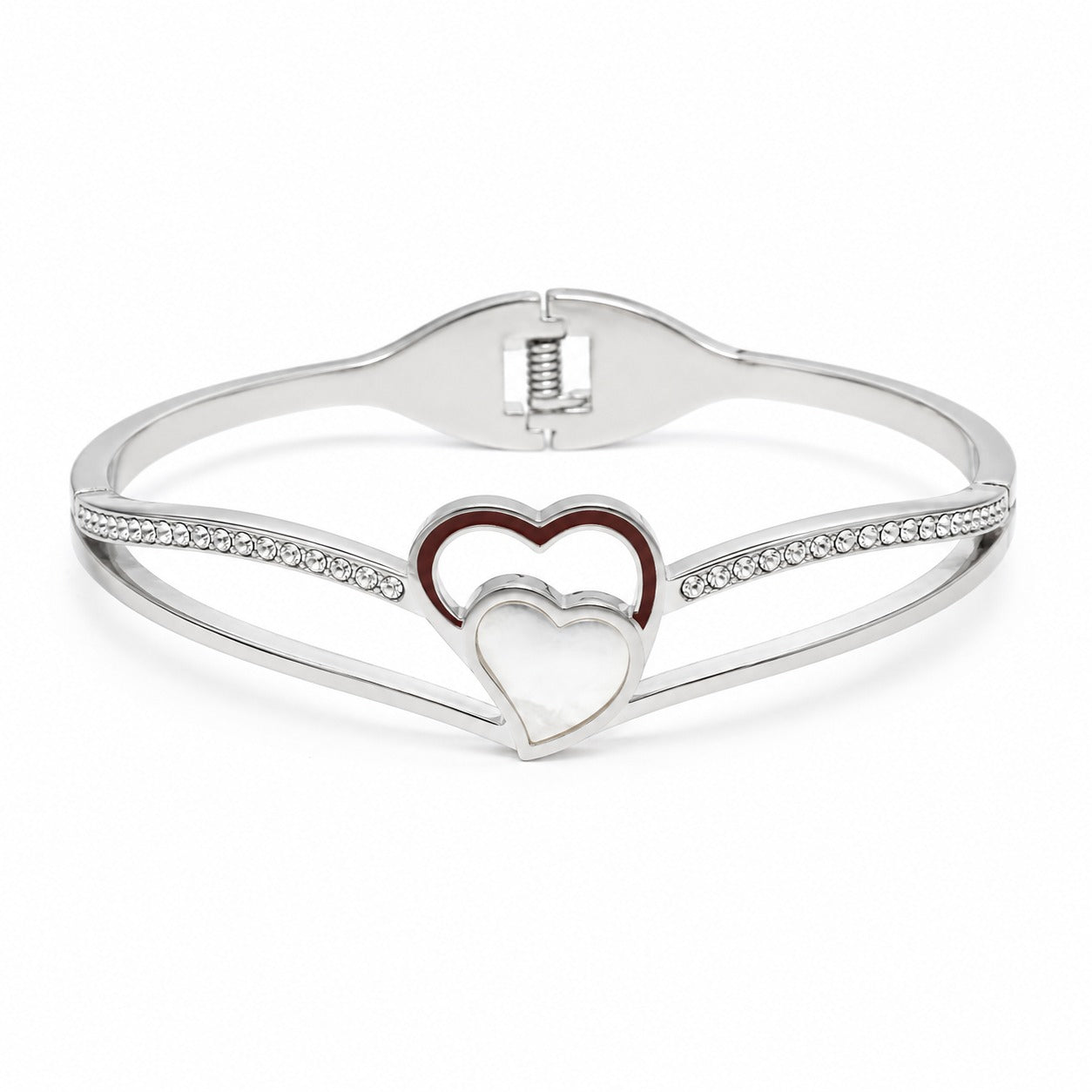 Damen Armreif mit Doppelherz und Strass aus silberfarbenem Edelstahl