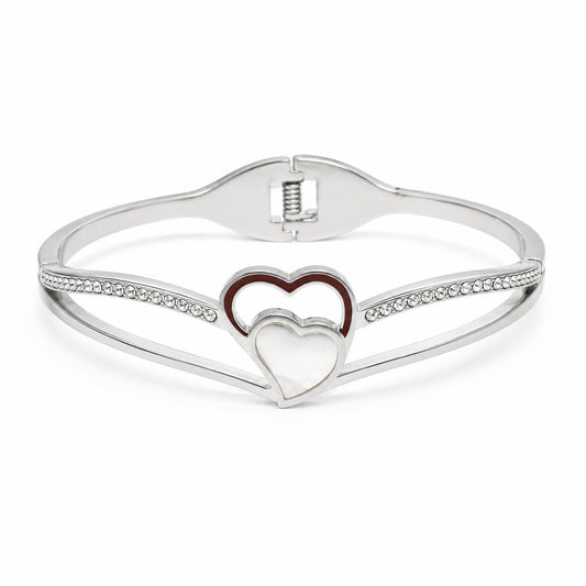 Damen Armreif mit Doppelherz und Strass aus silberfarbenem Edelstahl