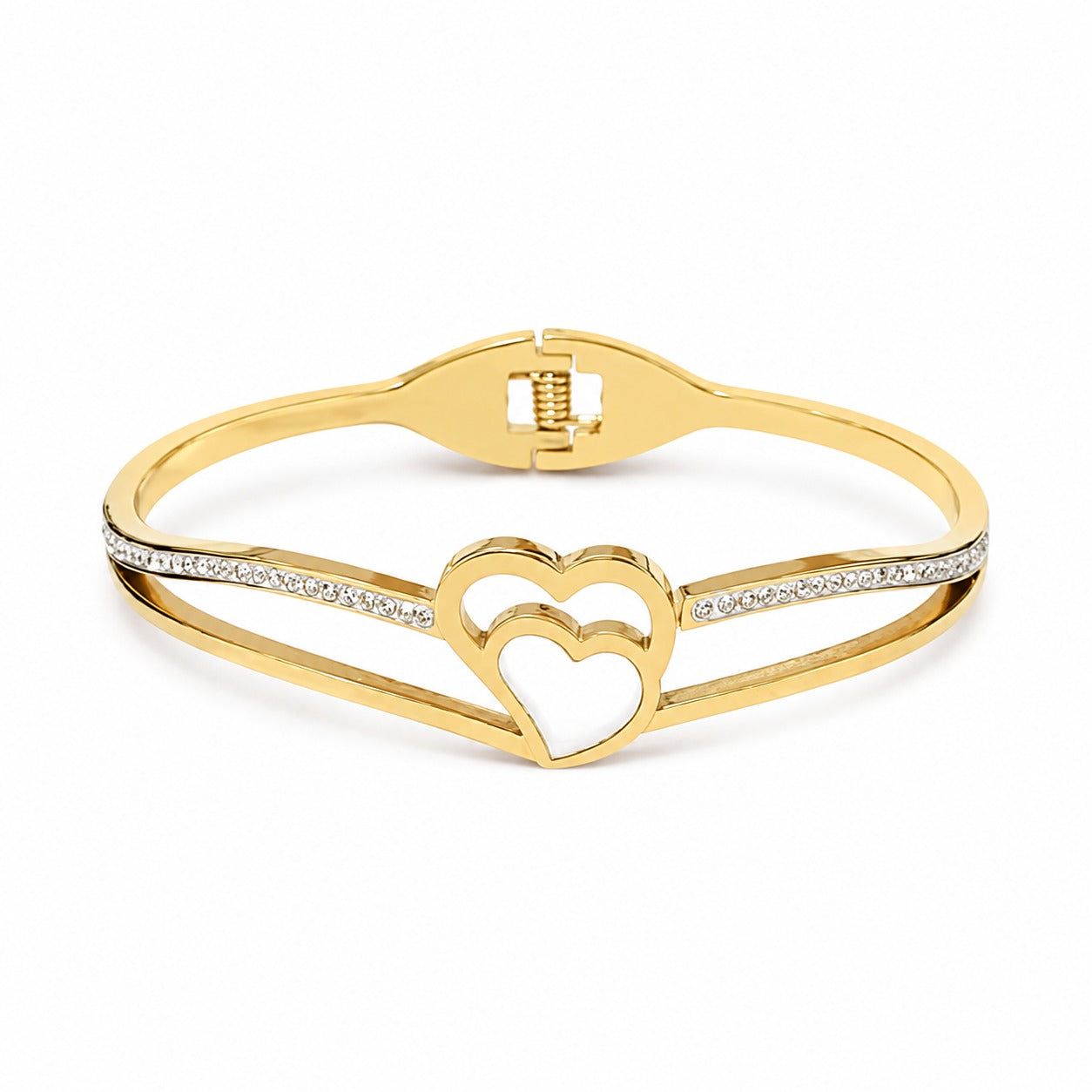Goldfarbener Damen Armreif aus Edelstahl mit Herz und Zirkonia