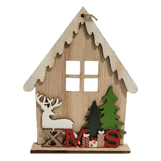 2er Süßes Holzhäuschen mit Wichteln Verzierung - Weihnachtsfigur