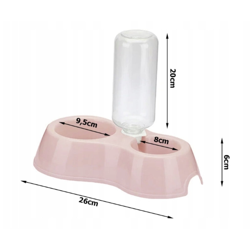 Doppelnapf mit Wasserspender für Hunde und Katzen – 2 Schalen, 450-ml-Flasche, 26 cm Breite, Kunststoff – Bild 3