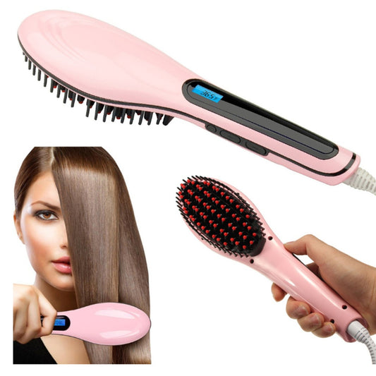 Elektrische Haarglättungsbürste mit LCD Display und Ionen in Rosa – 2-in-1 Glätteisen und Kammbürste für alle Haartypen – Bild 3