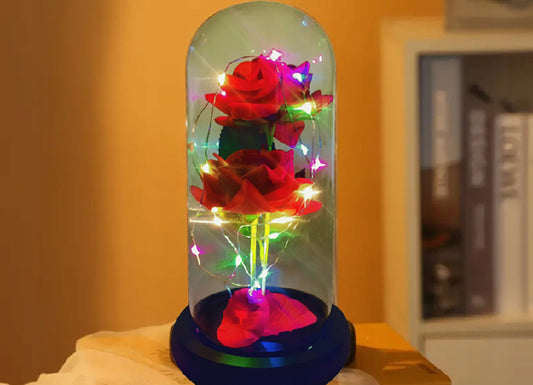 Rosa eterna in un bicchiere con luce, rose regali per ogni occasione per le donne