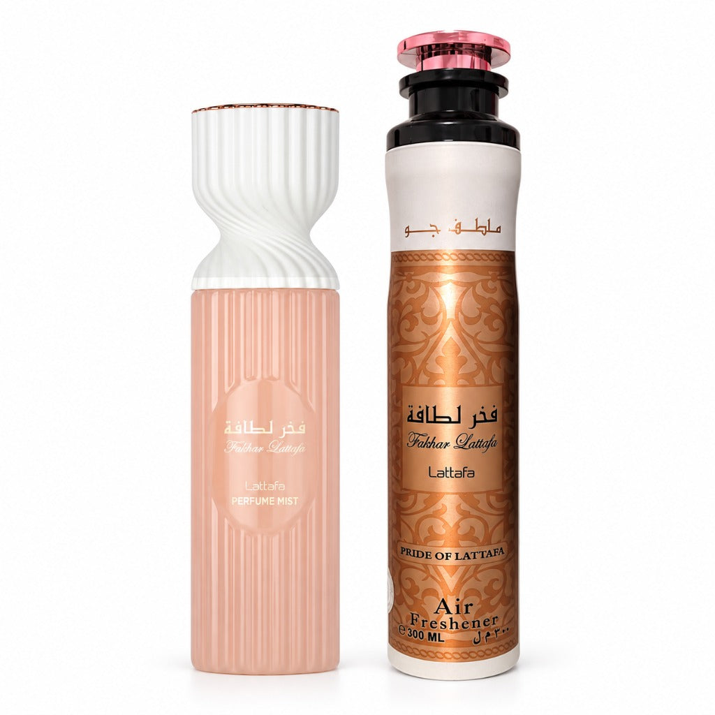 Lattafa Fakhar Femme 2-teiliges Set 250ml Perfume Mist und 300ml Raumspray – orientalischer Damenduft mit Orangenblüte, Jasmi