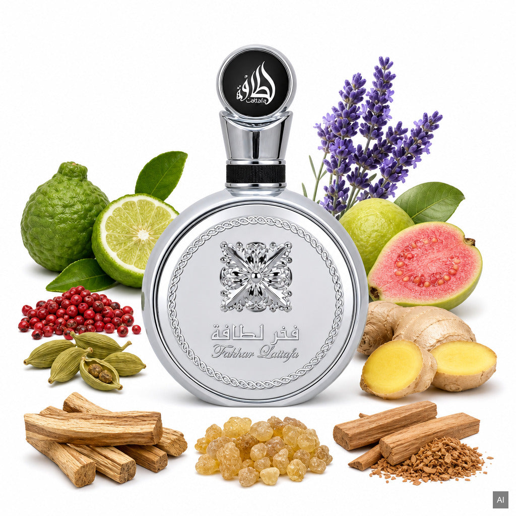 Lattafa Fakhar Platin Eau de Parfum 100 ml – Unisex orientalischer Duft mit Bergamotte, Guave und Sandelholz – Duftnoten