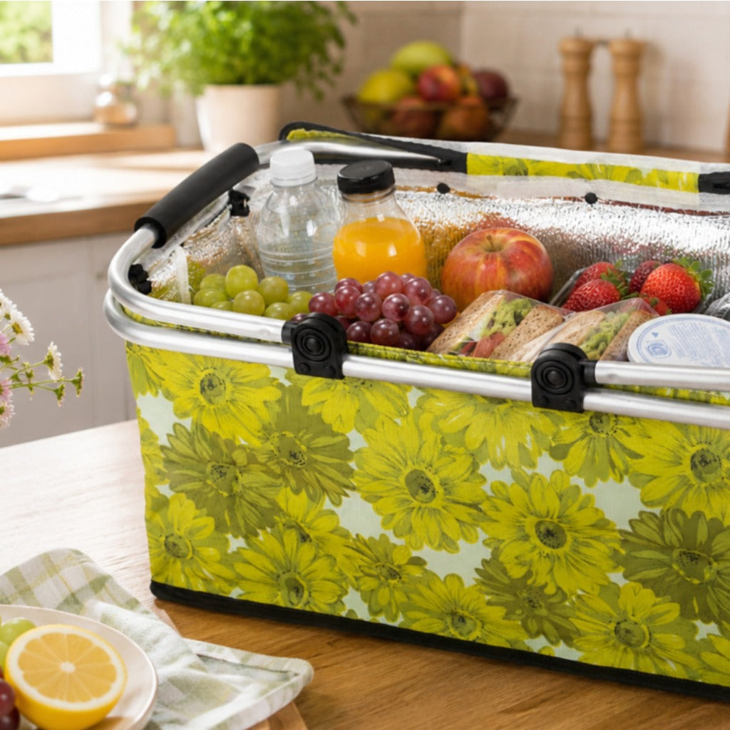 faltbarer Thermokorb 48x28x22 cm – isolierter Picknickkorb mit Blumenmuster und Aluminiumrahmen – Bild 3