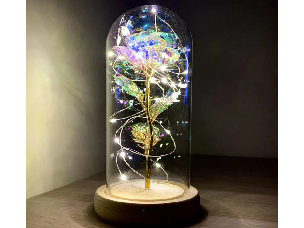Ewige Rose im Glas mit LED-Licht  Romantisches Geschenk für Sie, Deko mit Holzsockel
