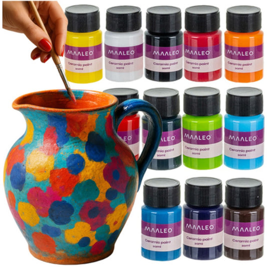 Maaleo Glas- und Keramikfarben-Set 12 x 20 ml – ofenfeste Glasmalfarben für Porzellan, Tassen und Teller, 12 Farben wasserfes