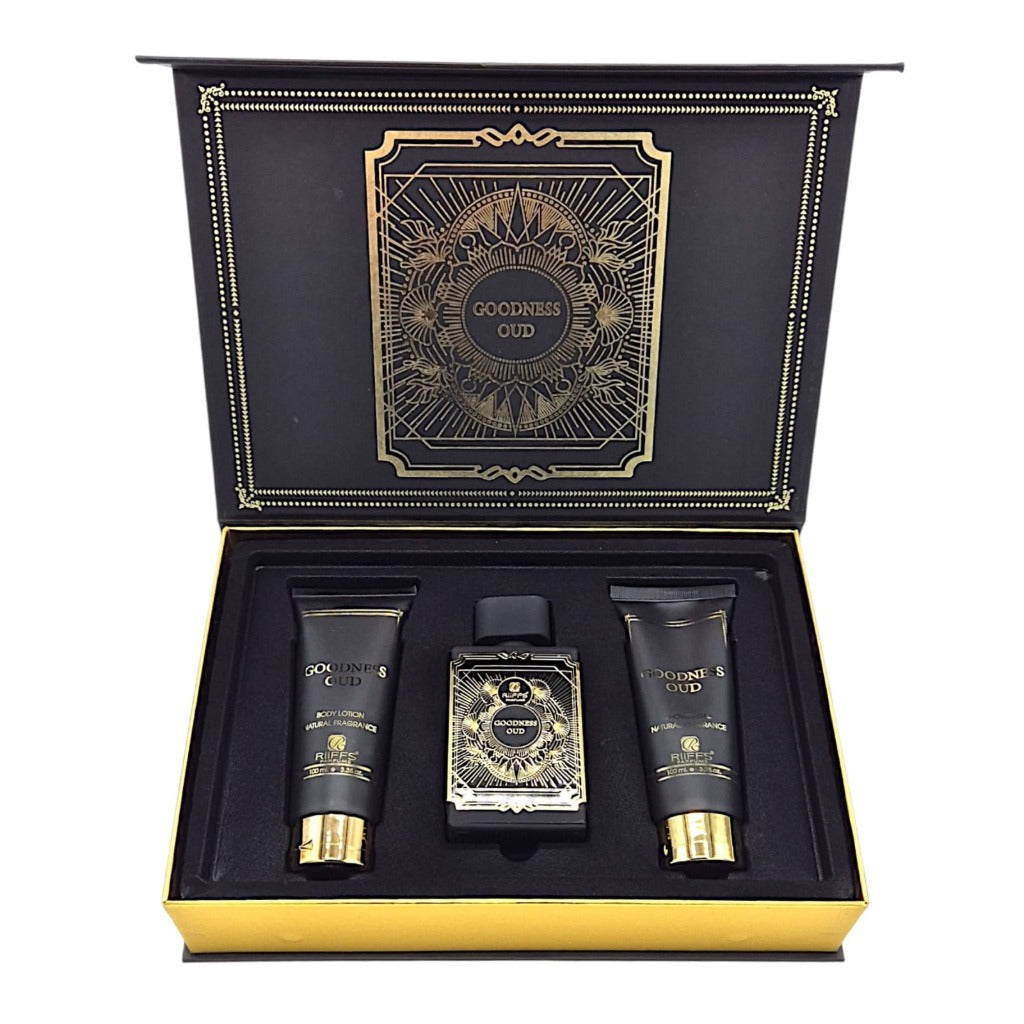 Riiffs Goodness Oud Parfum Set 100 ml Unisex – orientalischer Duft mit Oud, Safran und Moschus, Body Lotion und Shower Gel