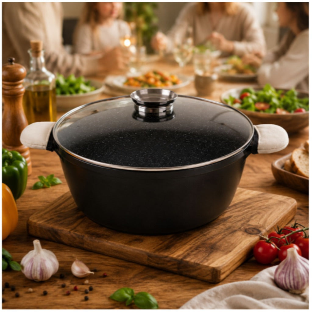 Granittopf 12,6 Liter mit Glasdeckel und Aromaverteiler – großer schwarzer Induktionstopf mit Antihaftbeschichtung – Bild 5