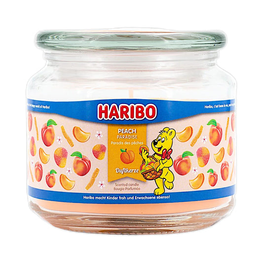 Candela profumata Haribo Peach Paradise 300g durata di combustione 50 ore.