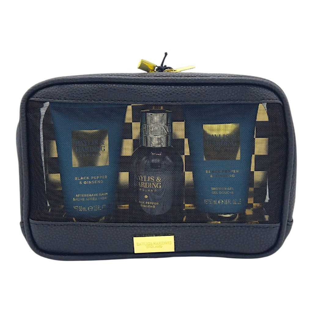Baylis & Harding Herren-Pflegeset mit Kulturtasche – Duschgel, Shampoo & Aftershave-Balsam, Schwarzer Pfeffer & Ginseng